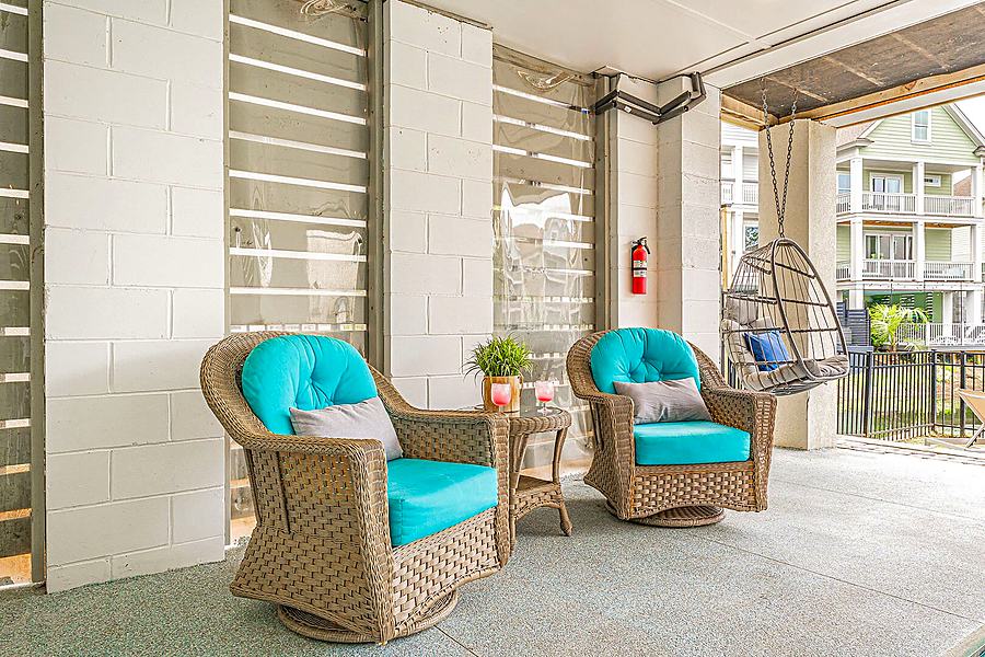 Poolside seating with an egg chair