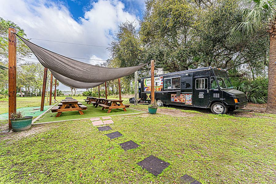 Food truck park picnic tables
