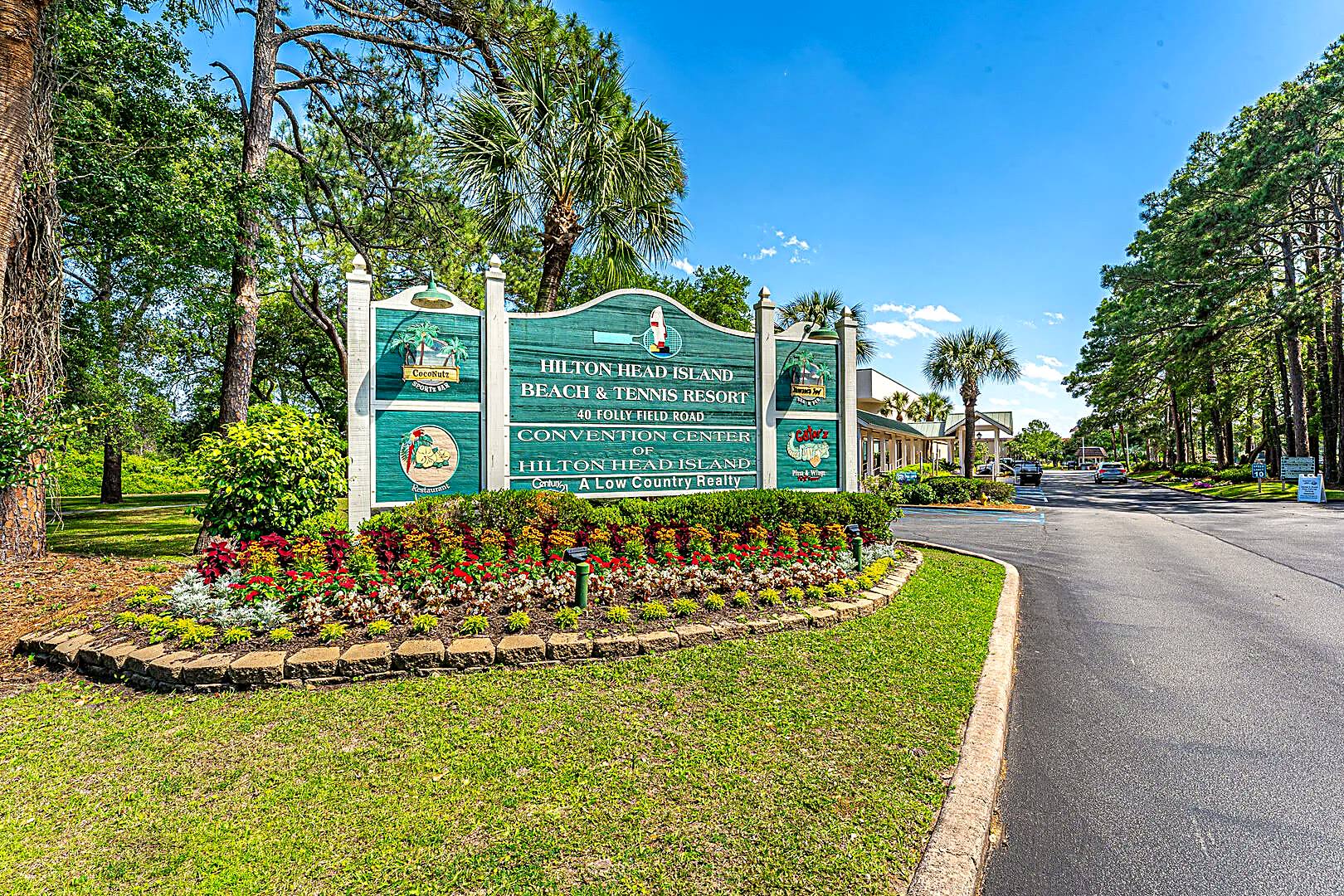 Entrance sign for Hilton Head Island Beach and Tennis Resort and the Convention Center of Hilton Head Island at 40 Folly Field Road
